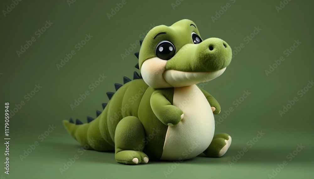 Fototapeta premium Cute Green Plush Crocodile Toy Against a Solid Green Background