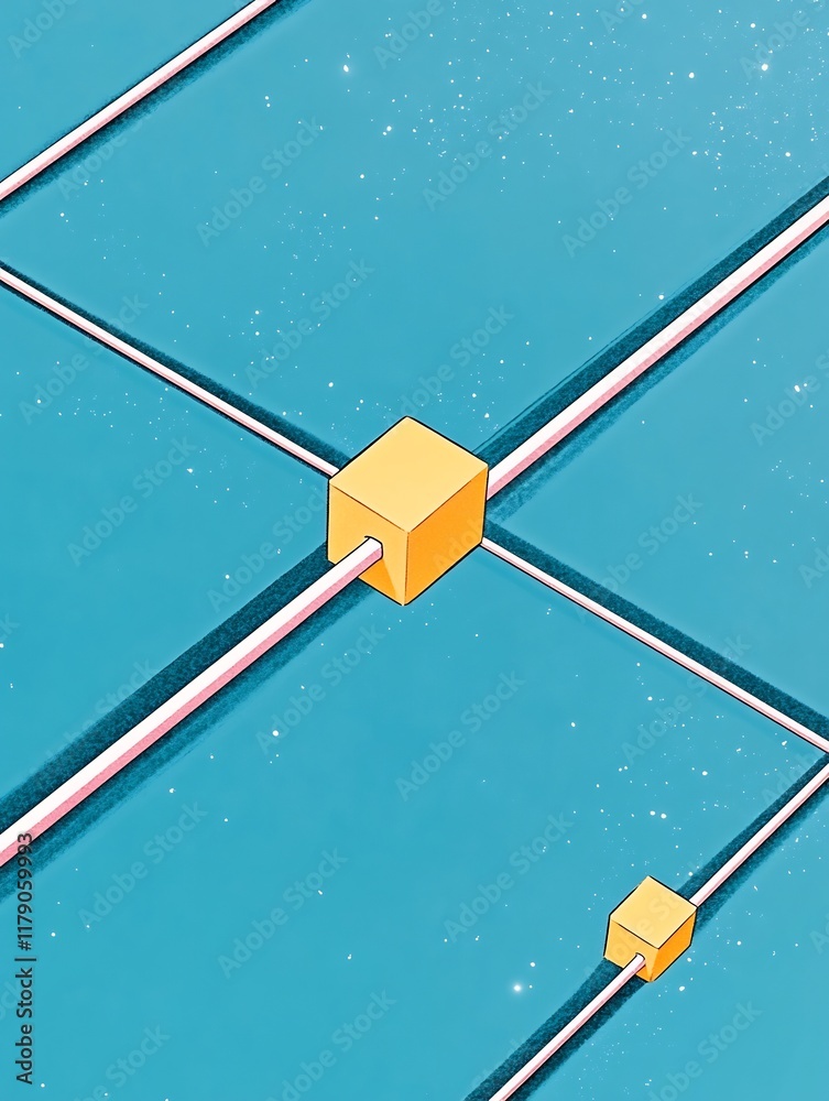 Naklejka premium Vibrant Digital Illustration: Interconnected Cubes Gleam in a Cosmic Teal Landscape. AI Generated