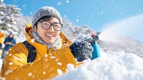 Winter lifestyle routine concept. A joyful individual in a yellow jacket plays in fresh snow against a bright blue sky, showcasing a fun winter activity.