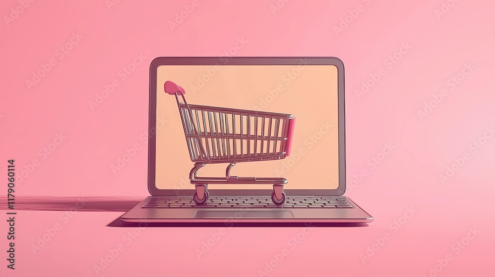 Laptop illustration with floating shopping cart icons and colorful symbols, representing e-commerce and online marketplaces in a modern style. Laptop illustration with floating shopping cart icons and colorful symbols, representing e-commerce and online marketplaces in a modern style.