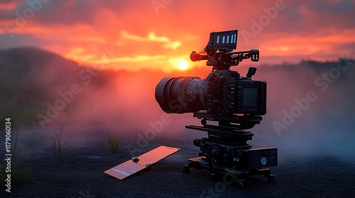 Professional Cinema Camera at Sunset Landscape