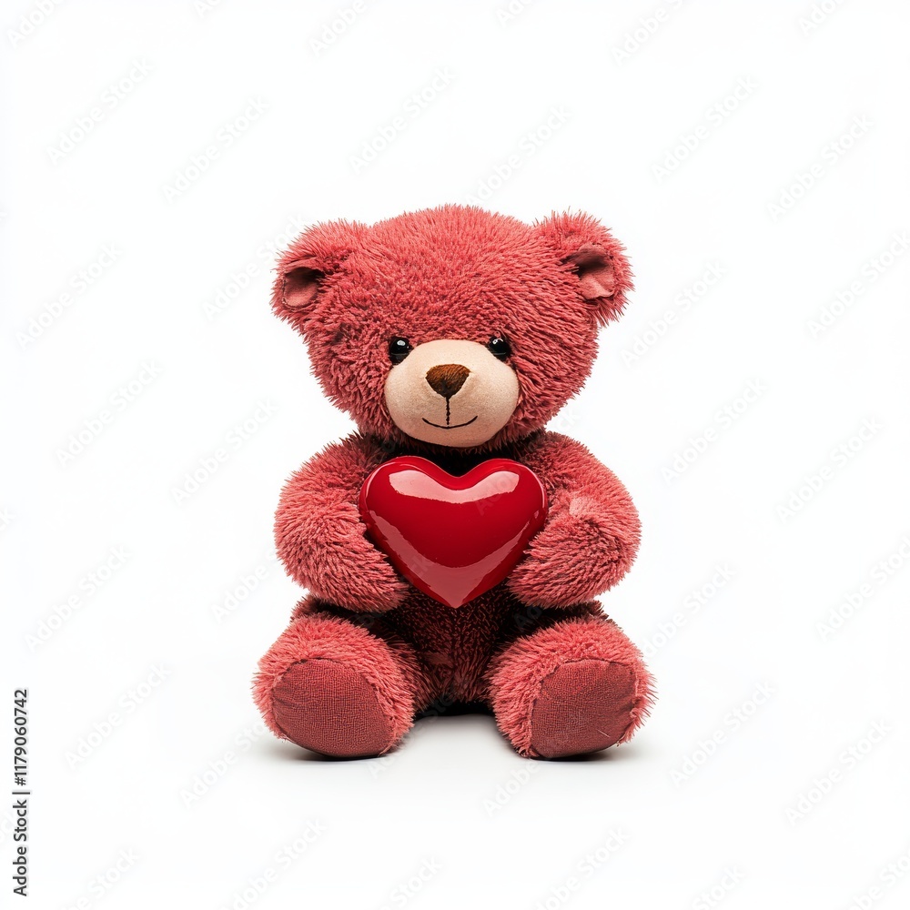 Obraz premium A teddy bear holding a red heart in its arms, sitting with a shy expression, isolated on white background 