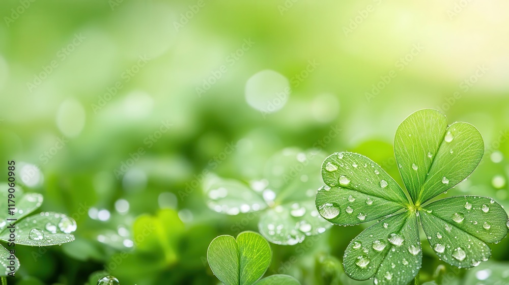 An intricate close-up of a shamrock with morning dew drops, softly glowing under the rising sun, captured in a macro nature photography style.