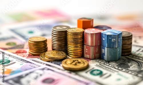 3d cubes, coins and money illustration or models. Finance , business and global economic transaction concept with cartoon style. Currency, international trade and commercial exchange, Generative AI