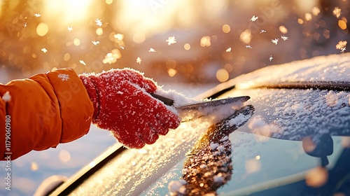 Winter lifestyle routine concept. A person in a red glove scrapes snow off a car windshield during a snowy sunrise, capturing the beauty of winter.