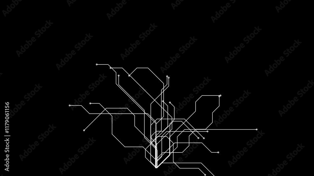Abstract animation of glowing white circuit lines expanding dynamically on a black background, ideal for technology and innovation themes
