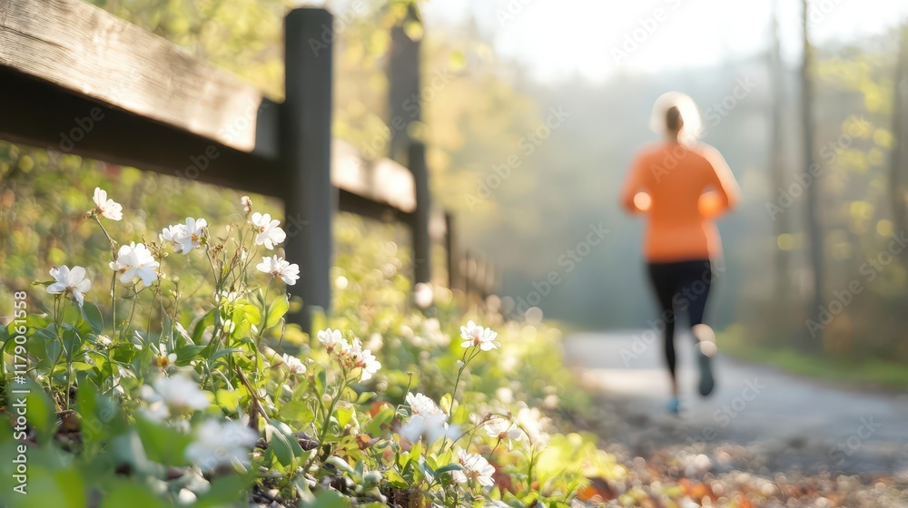 Obraz premium A runner stretching against a fence with a misty sunrise in the background, surrounded by budding trees and early spring blooms.