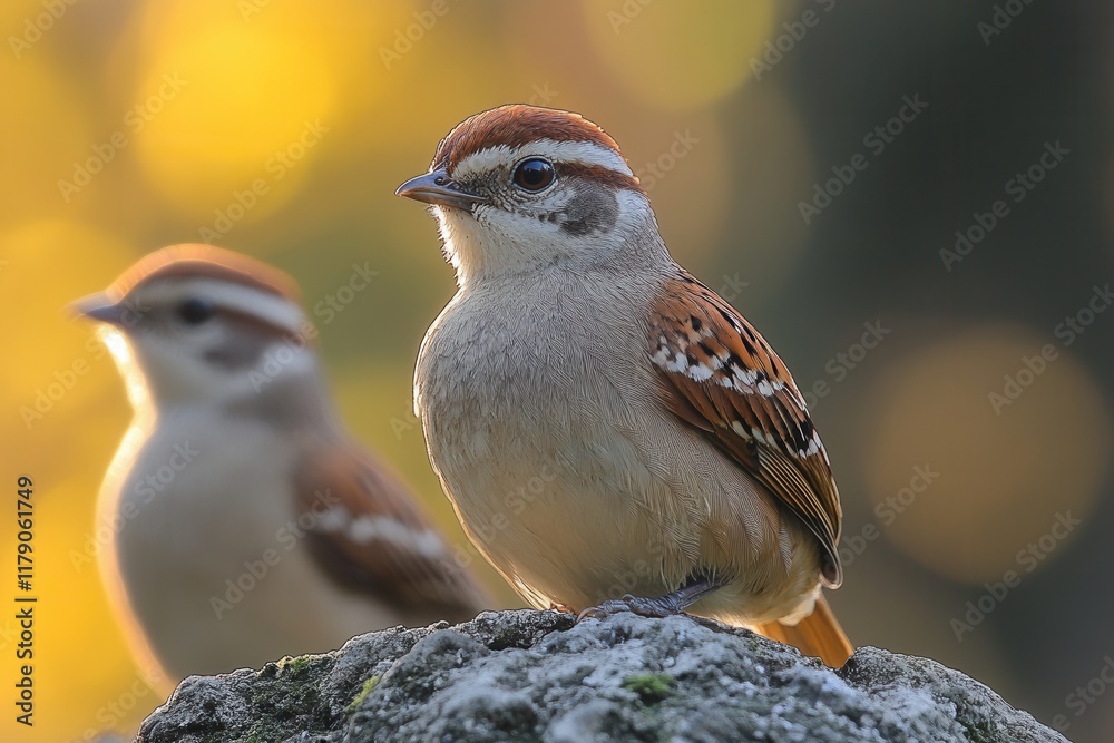 Two colorful birds perched on a rock with a blurred background of warm colors. Two colorful birds perched on a rock with a blurred background of warm colors.