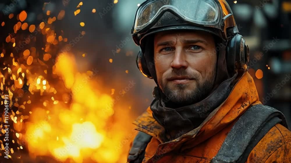 Courageous firefighter standing strong amidst flames and sparks in a dynamic sequence Courageous firefighter standing strong amidst flames and sparks in a dynamic sequence