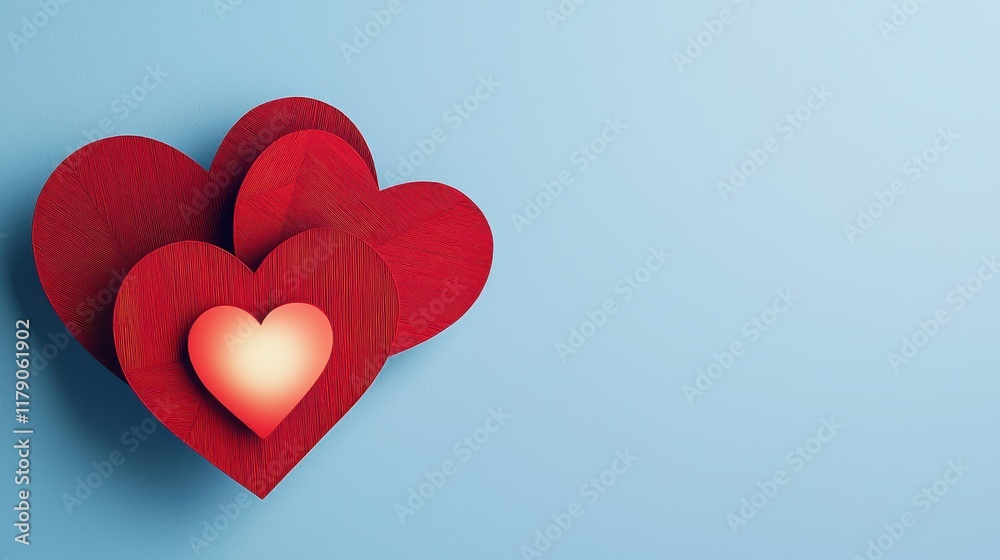Valentine Paper Art Concept, Minimalist Paper Cut Valentine's Card with Red Hearts on Light Blue Background for Romantic Celebrations