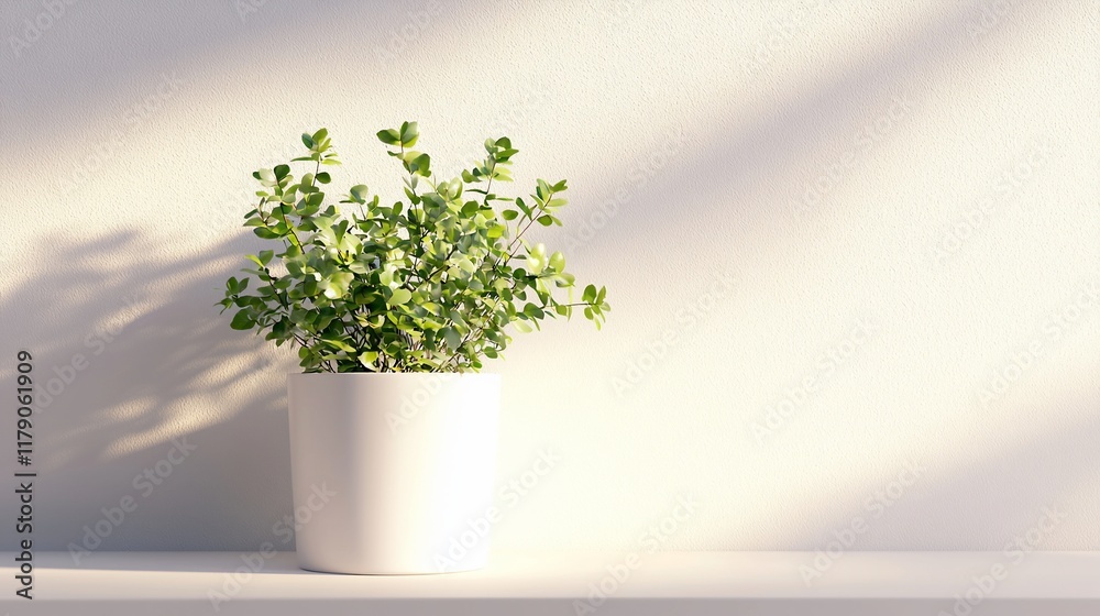 Fototapeta premium Green plant in white pot on white background.