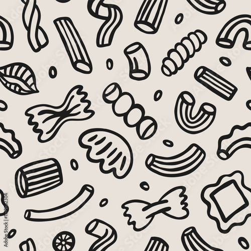 Italian pasta types seamless pattern with hand-drawn doodle elements. Vector set for print, decor, textile or paper design. Traditional Italian food.