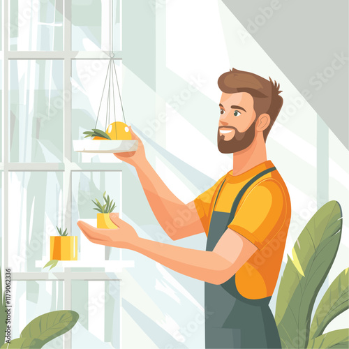 Worker holding hanging planters near a large window, green plant.