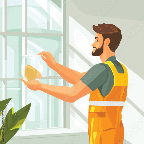 Worker holding hanging planters near a large window, green plant.