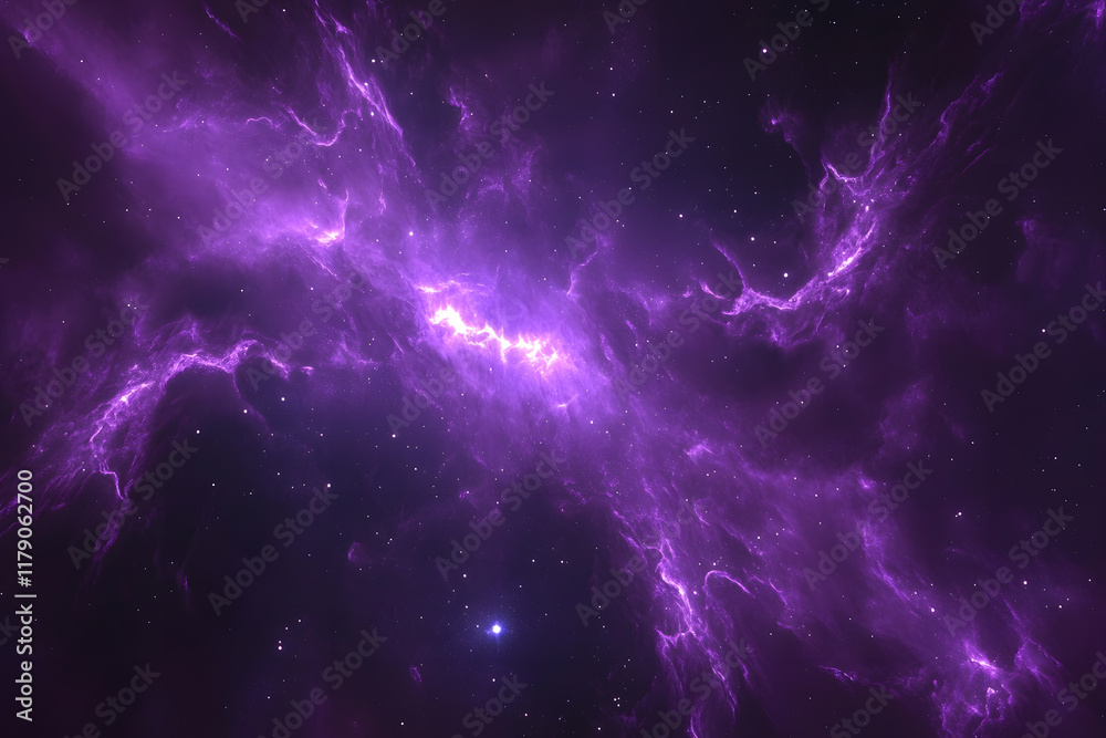 Fototapeta premium Purple galaxy filled with swirling dust, luminous stars, and glowing nebulae.