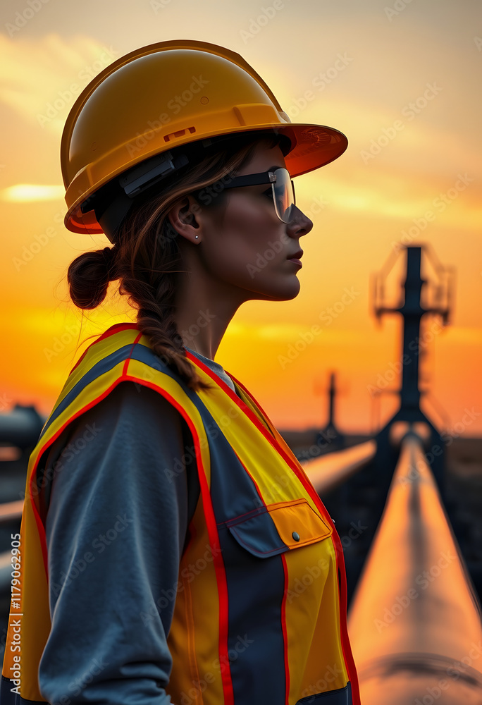 Obraz premium An engineer surveys a pipeline at sunset, her reflective safety vest and hardhat a testament to industry and safety, pop art, with white tones