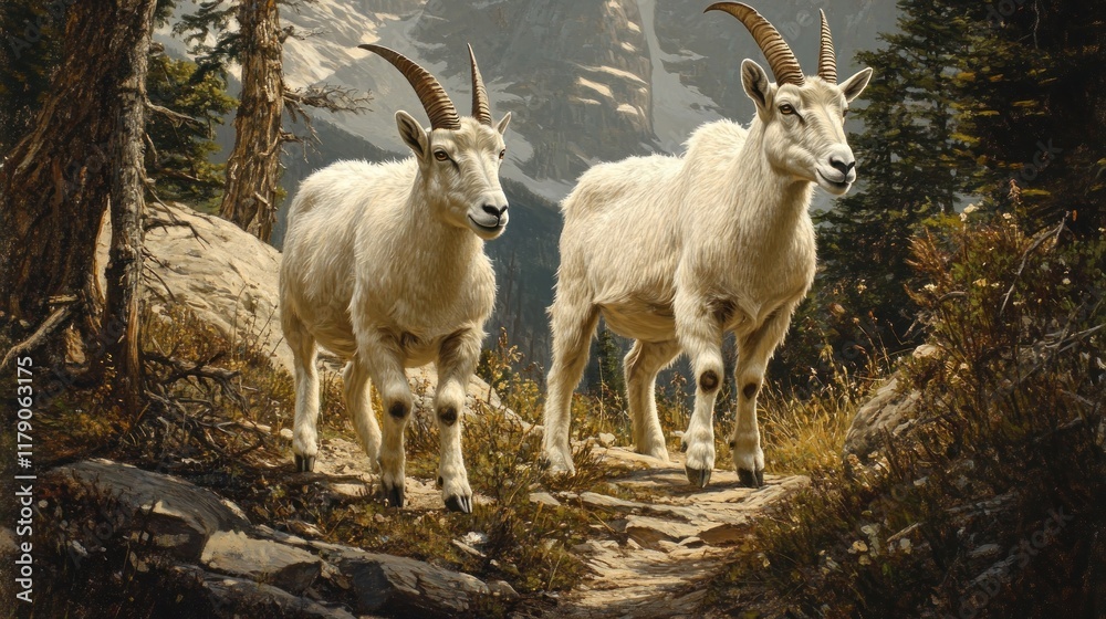 Two majestic mountain goats on a rocky path, overlooking a stunning mountain range. Two majestic mountain goats on a rocky path, overlooking a stunning mountain range.
