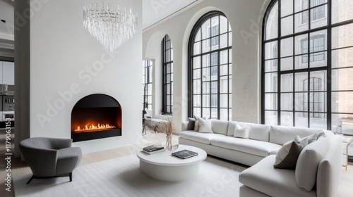 Elegant interior design with a white fireplace, modern furniture, a crystal chandelier, and a tall black-framed arched window, combining sophistication and comfort. photo