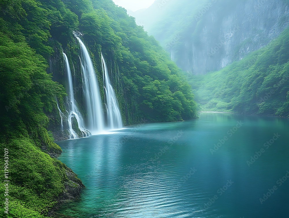 Fototapeta premium Misty waterfall cascading into serene lake nestled in lush green valley.