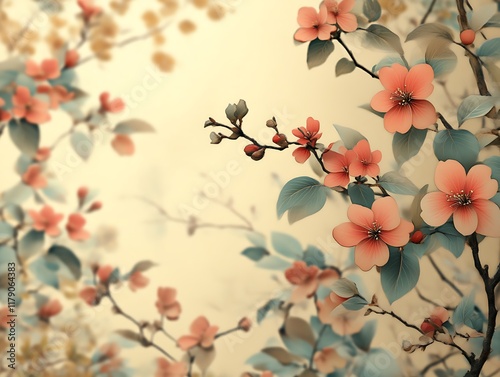 Pastel pink blossoms on branches.