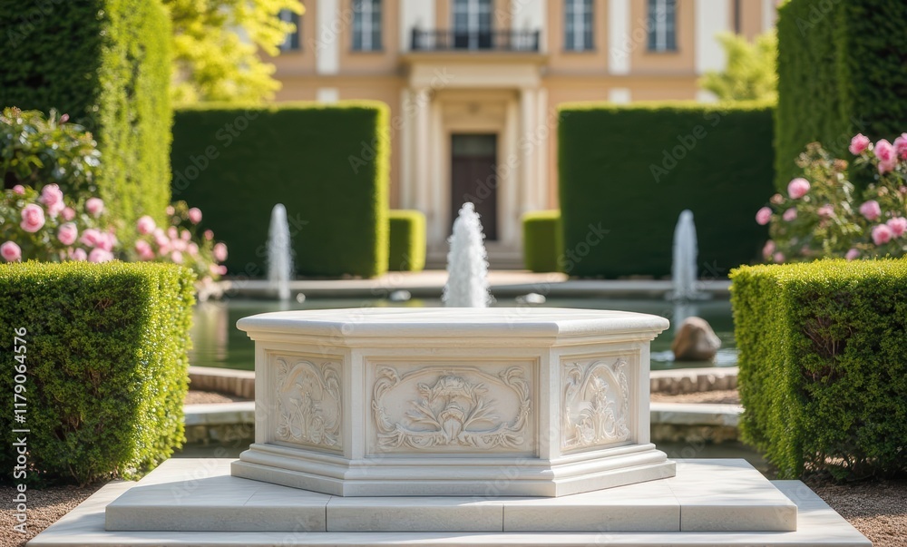 Elegant fountain in a manicured garden Elegant fountain in a manicured garden