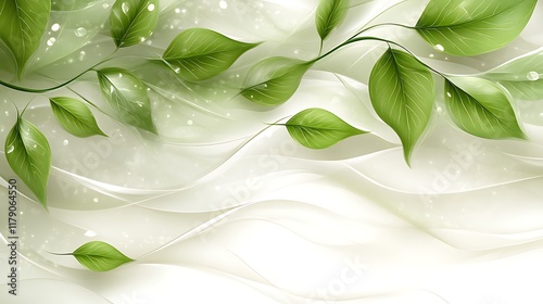 Lush green leaves on flowing white fabric.