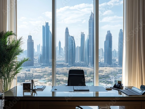 Modern office with city skyline view, desk, chair. Ideal for business, success concepts