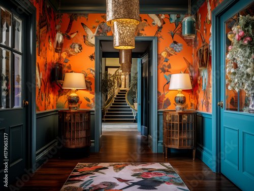  Maximalist bold and colorful hallway with colorful ornate wallpaper, statement lighting and teal wall panels