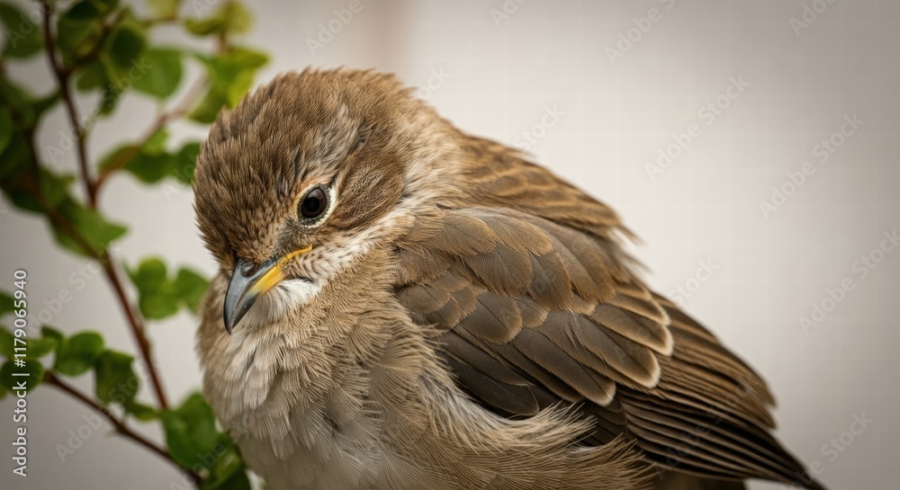 Fluffy brown sparrow perched on green leafy branch in soft focus Fluffy brown sparrow perched on green leafy branch in soft focus