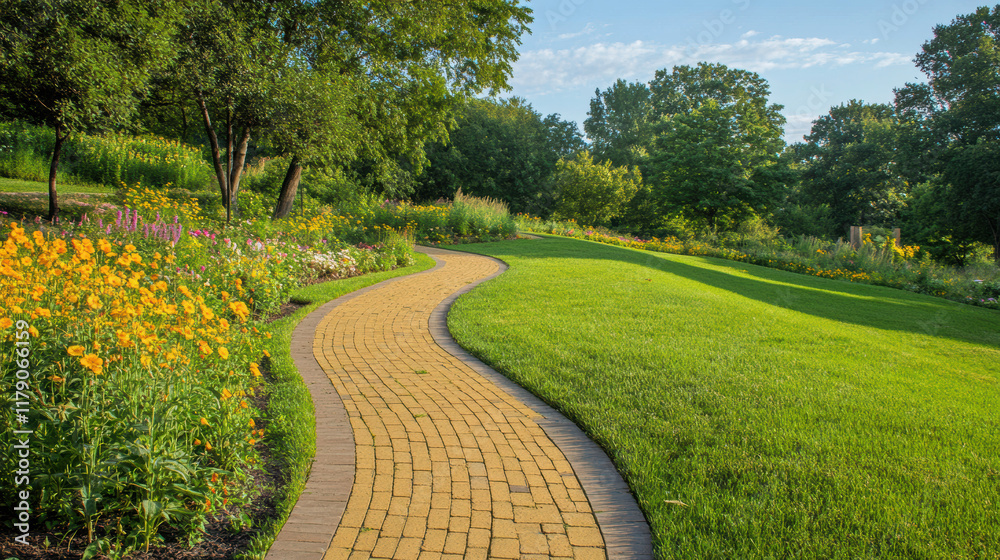 Scenic Paved Pathway with Golden Bricks in Green Garden Scenic Paved Pathway with Golden Bricks in Green Garden