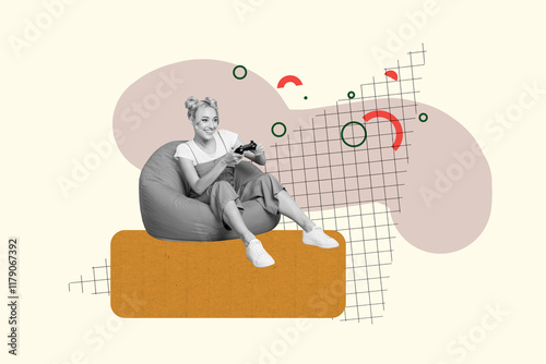 Composite trend artwork sketch image 3D photo collage of element geometry hurdle young lady student sit beanbag play videogames gamepad photo