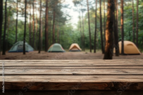Wallpaper Mural Wooden table, forest campsite, sunrise, tents, outdoor product display Torontodigital.ca