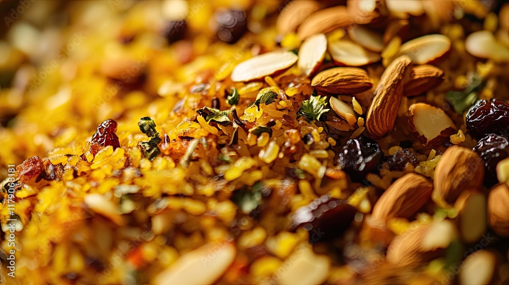Saffron rice with almonds and raisins, close-up, food photography, recipe illustration.