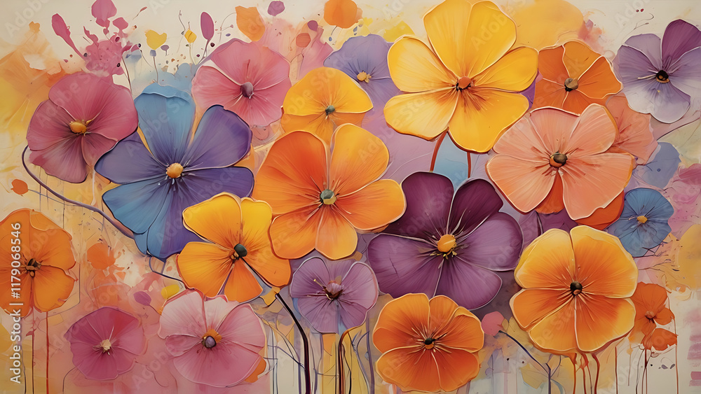 Naklejka premium An Abstract Floral Burst with Vibrant Brushstrokes in Pink, Purple, Yellow, and Orange, Flowing Freely on a Crisp White Background, AI-generated