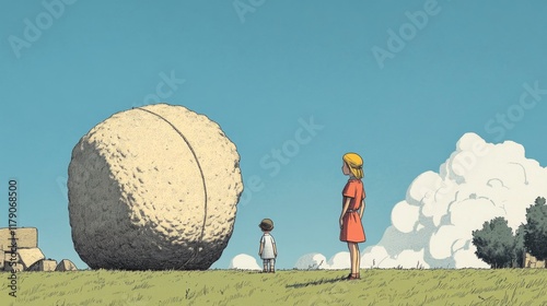Two children gaze at a giant pill-like object on a grassy hill under a clear sky.