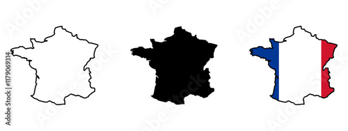 Set of vector maps of France. Mercator projection. Filled and outline.