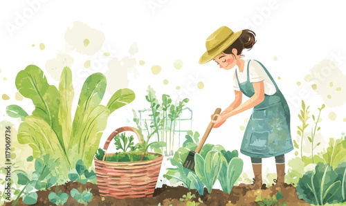 Watercolor Gardener Scene with Tools and Greenhouse for Horticulture Art