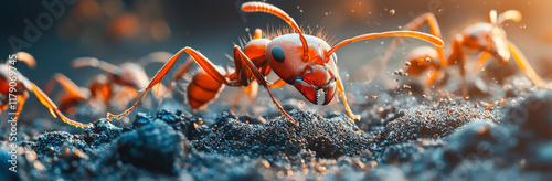 Ants crawling on ground, showcasing their vibrant red color and intricate details. image captures dynamic movement and natural habitat of these fascinating insects photo