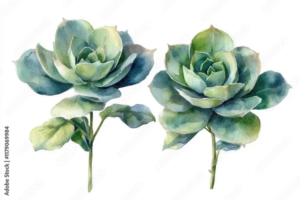 Obraz premium Two watercolor succulent plants with varying shades of green and intricate leaf details.