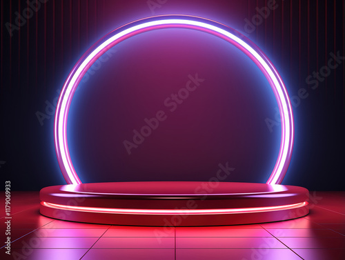 Awesome A round podium with neon lights in a dark room
