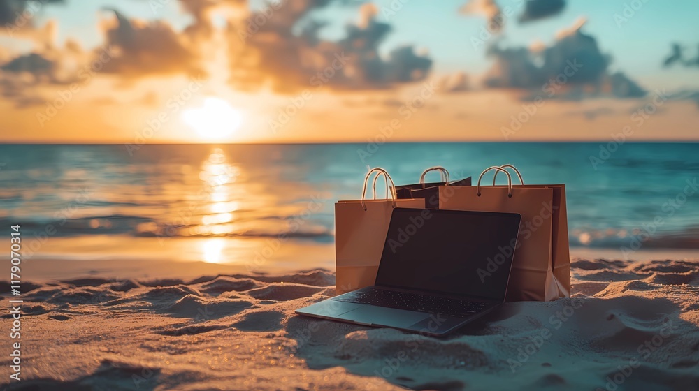 Minimalist abstract laptop illustration with shopping cart symbols and digital payment icons, ideal for e-commerce and online retail visuals.