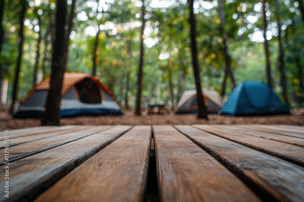 Wooden platform, camping tents, forest background Wooden platform, camping tents, forest background