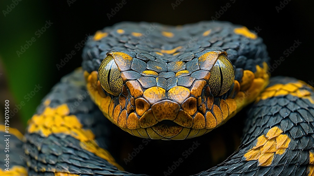 Close-up of a venomous snake with yellow and black scales. Close-up of a venomous snake with yellow and black scales.