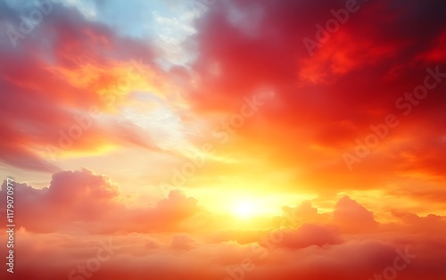 Vibrant sunset with fiery clouds and sun.