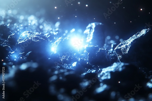 Glowing blue energy within dark, rough terrain.