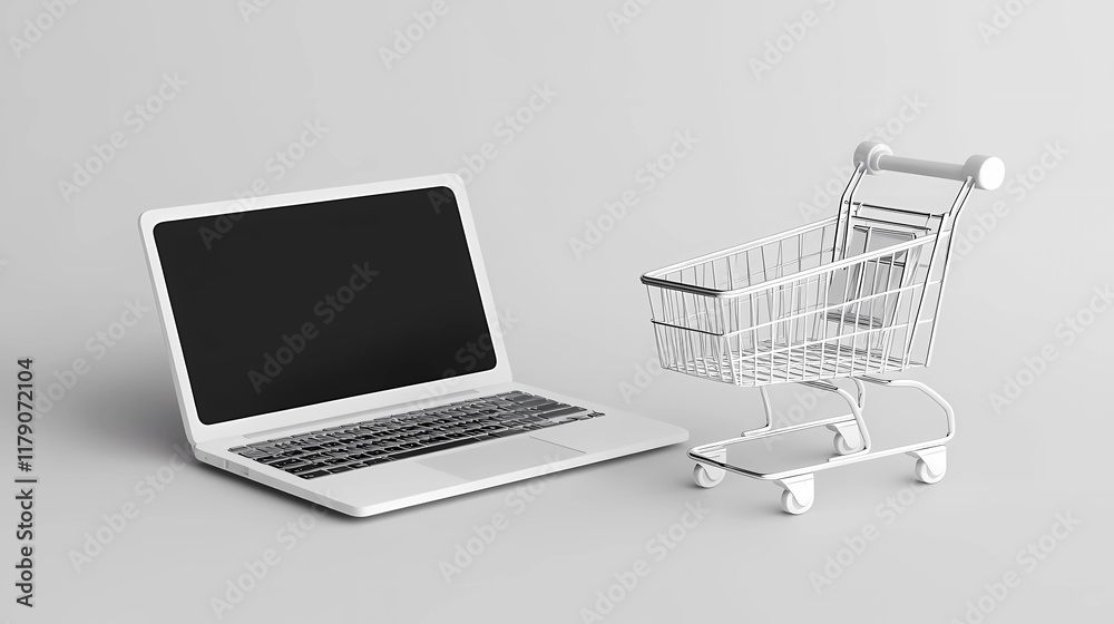 Minimalist abstract laptop illustration with shopping cart symbols and digital payment icons, ideal for e-commerce and online retail visuals. Minimalist abstract laptop illustration with shopping cart symbols and digital payment icons, ideal for e-commerce and online retail visuals.