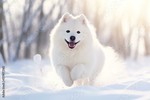 Happy samoyed dog running and playing in the snow on a sunny winter day