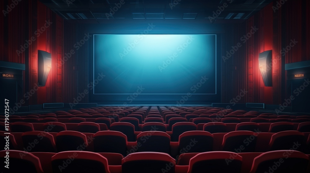 Fototapeta premium Empty Movie Theater with Red Seats and Large Screen Illuminated by Soft Blue Light, Ideal for Cinema or Event Planning Themes