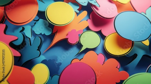 A handmade paper collage of comic-style sound effects and speech bubbles on a vibrant background.