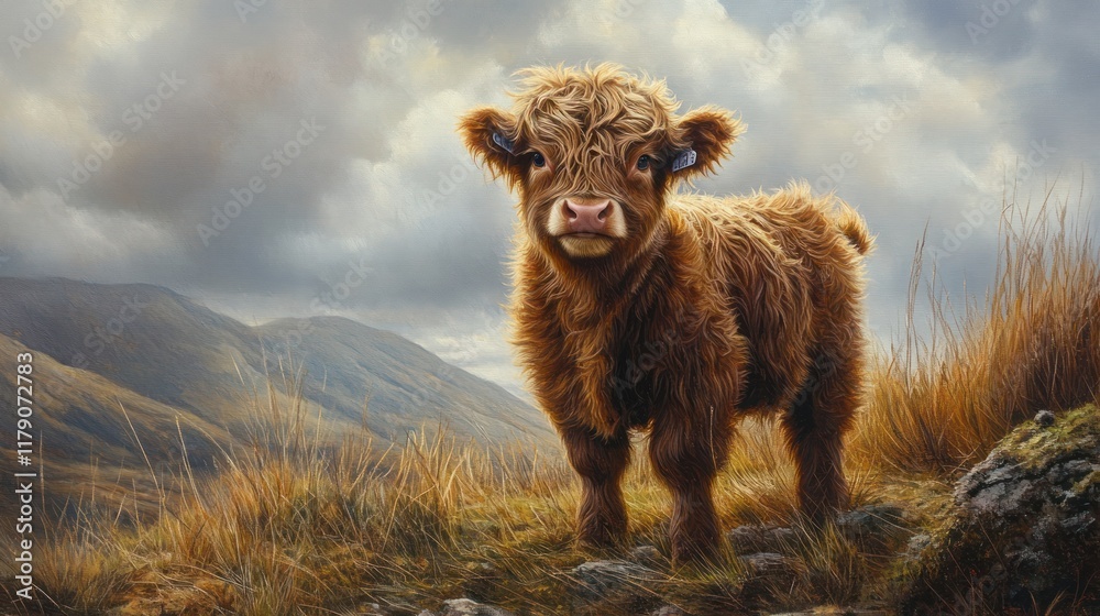 Obraz premium Highland calf standing in a mountainous landscape under a stormy sky.